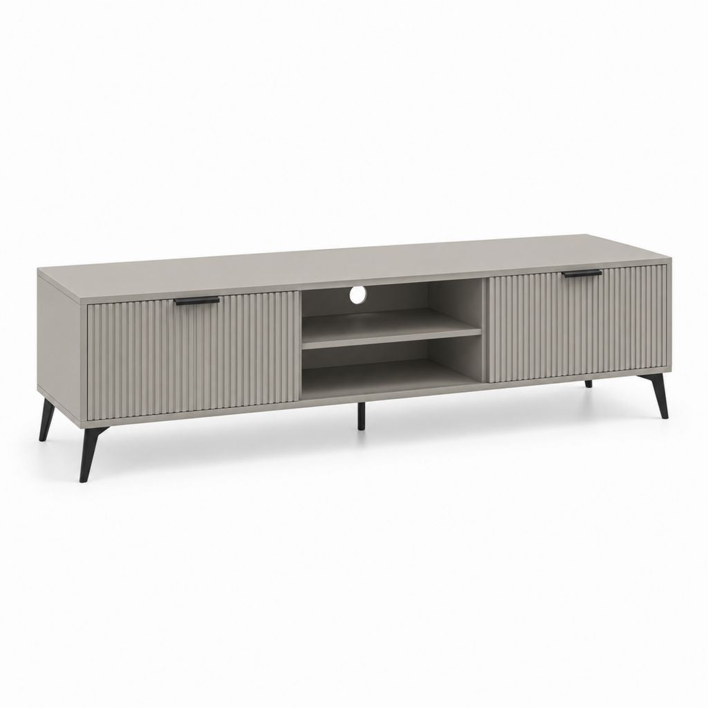 Mobile rechteckige TV-Tür aus MDF und Holz mit 2 Schiebetüren und Beine aus Stahl, Turtel grau und schwarz, 180 × 40 × 55 cm
