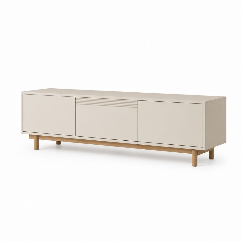 TV-Lowboard mit 3 Türen, Struktur aus MDF und Spanplatten, Beine aus Holz, 160 × 40 × 55 cm