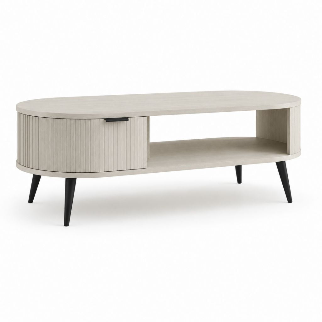 Ovaler Tisch aus Holz und Metall mit Fach und Regal, Eiche grau und schwarz, 120 × 60 × 45 cm