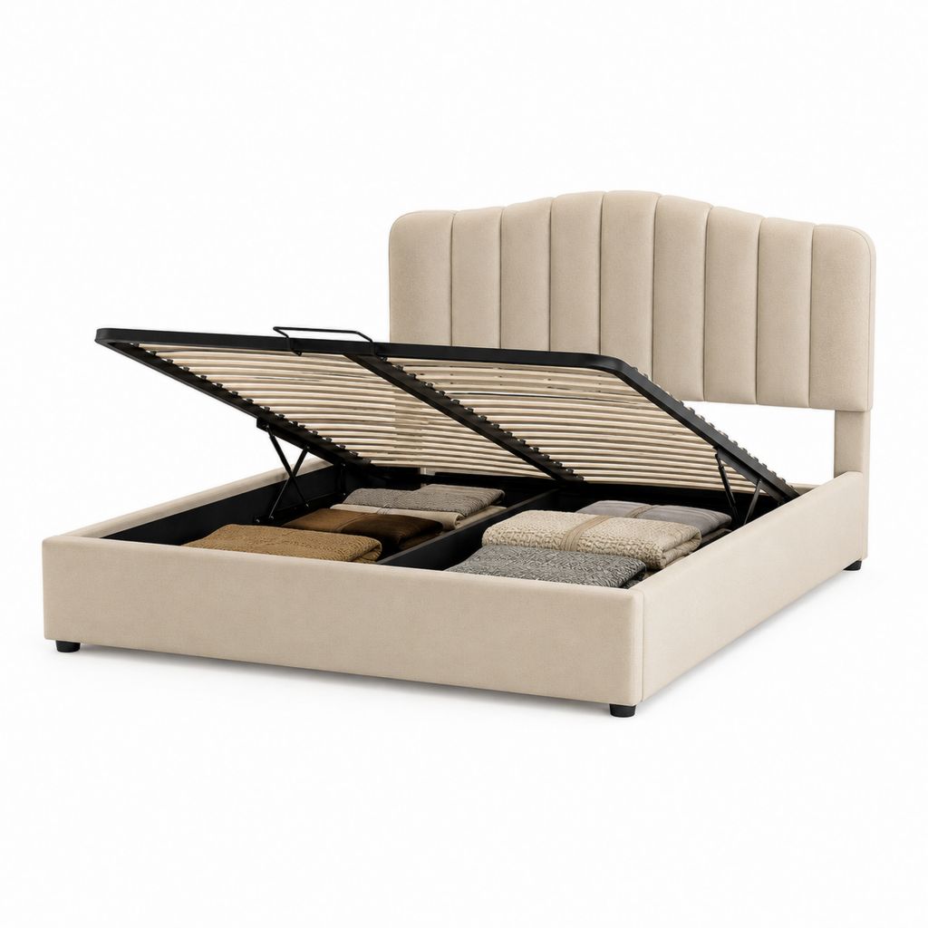 Doppelbett Container 180 × 200 cm beige Polyester mit Lattennetz und gepolstertem Kopfteil