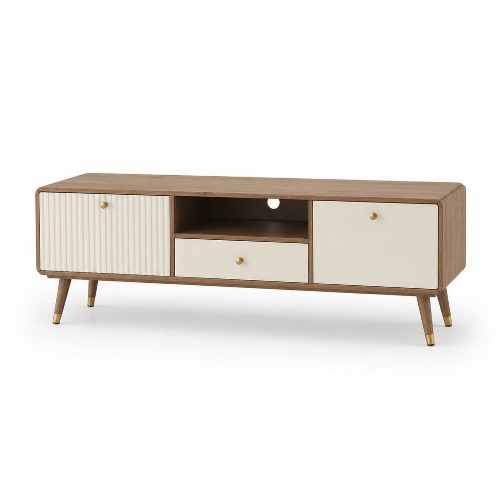 TV-Lowboard aus Holz und MDF mit 2 Türen, 1 Schublade und offenem Fach, braune Nussbaum, Elfenbein und Messing, 160 × 40 × 62 cm