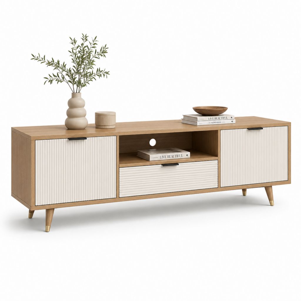 Mobile rechteckige TV-Tür aus Holz mit 2 Türen, Schublade und Kabeldurchführung, Eiche natur und weiß, 180 × 40 × 60 cm