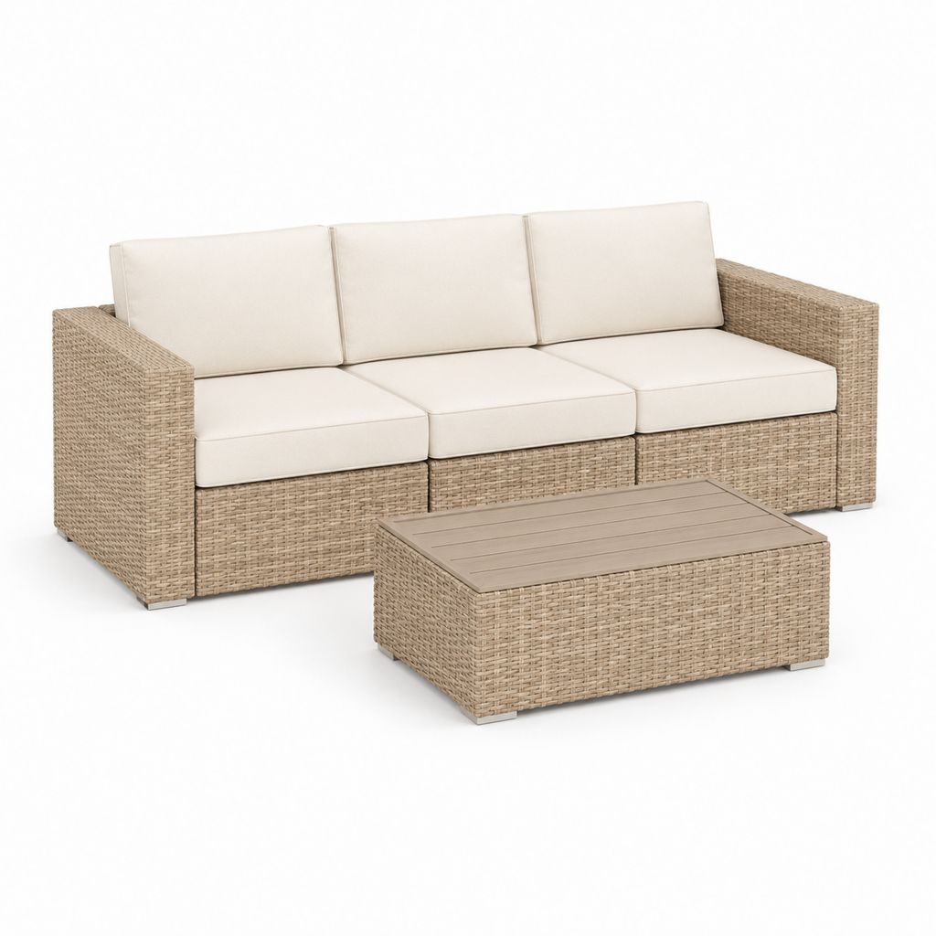Gartenset mit 3 Sitzen Sofa und rechteckigen Tisch aus Polyrattan PE beige, Creme Kissen, Sofa 182 × 65 × 76 cm, Couchtisch 85 × 50 × 35 cm
