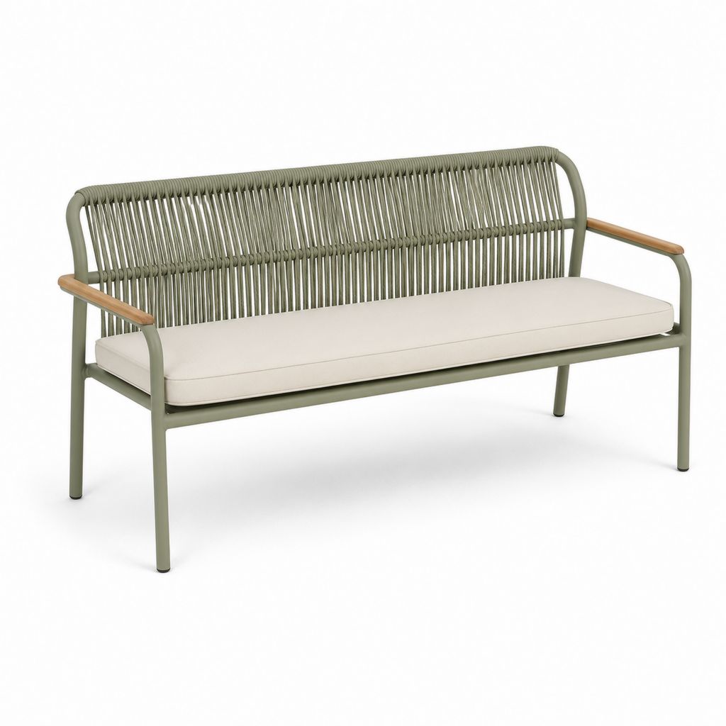 3-Sitzer Gartenbank aus Aluminium und PP olivgrünes Seil mit Beige-Kissen, 150 × 65 × 80 cm