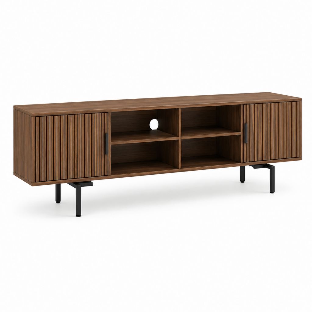 Mobile rechteckige TV-Anschluss aus MDF Nussbaum und schwarzem Metall, 180 × 40 × 60 cm