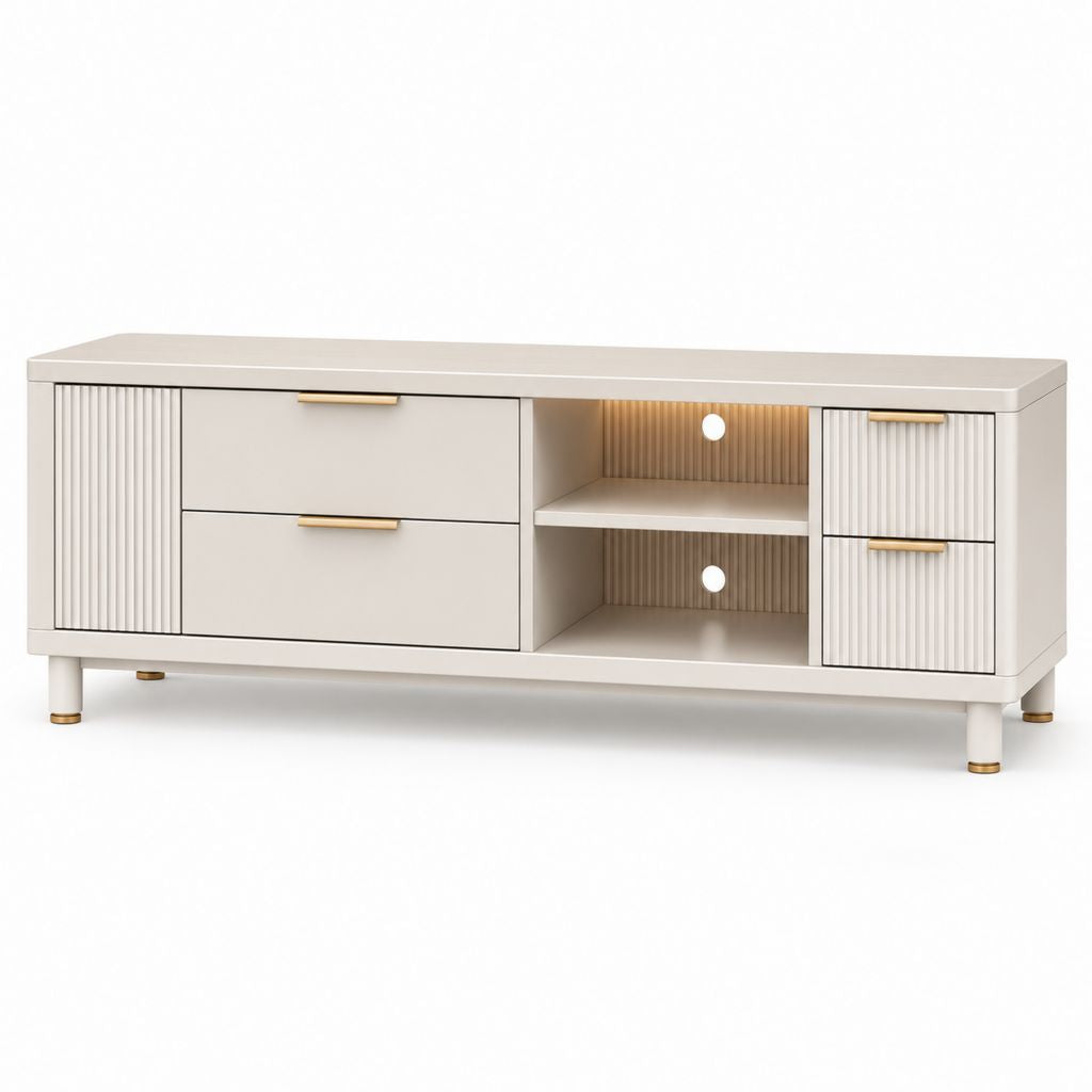 TV-Lowboard aus MDF und schrubben beige beige grau und gold, mit 1 Tür, 4 Schubladen und 2 Zimmern, 160 × 40 × 60 cm