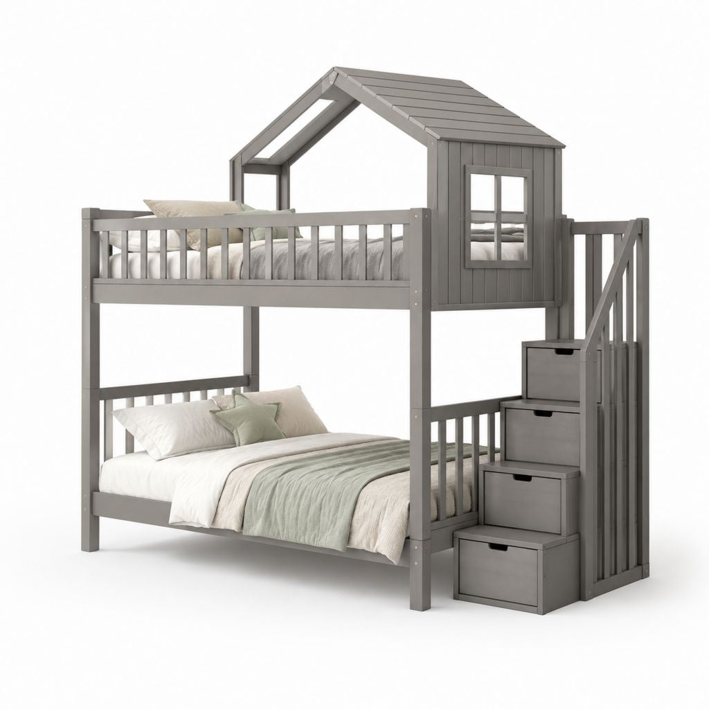 Etagenbett für Kinder aus Holz in Form eines kleinen Gehäuses mit Leiter, 90 × 200 cm und 140 × 200 cm, grau