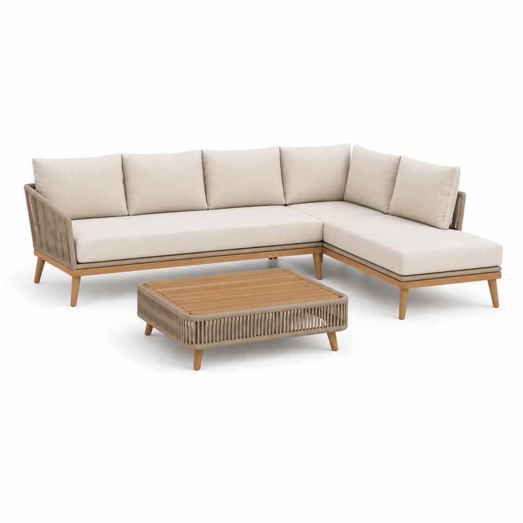 Gartenzimmer in 2 Teilen mit Ecksofa und Tisch aus Holz und Seil, beige, 294 × 212 × 82 cm