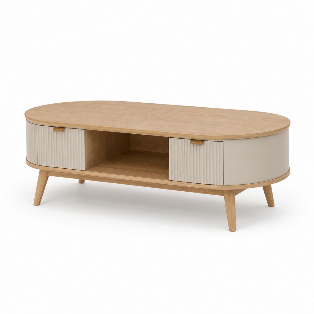 Ovaler Couchtisch mit furnierter MDF-Behälter, Eiche und Eiche, 120 × 60 × 45 cm