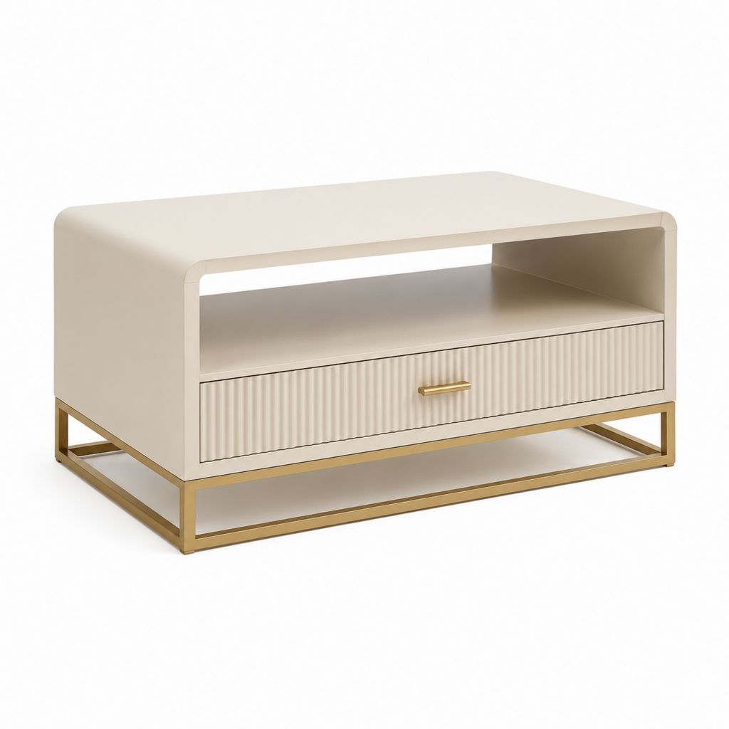 Rechteckiger Couchtisch aus Holz und Metall, mit Schublade und offenem Fach, Beige und Gold, 100 × 55 × 55 cm