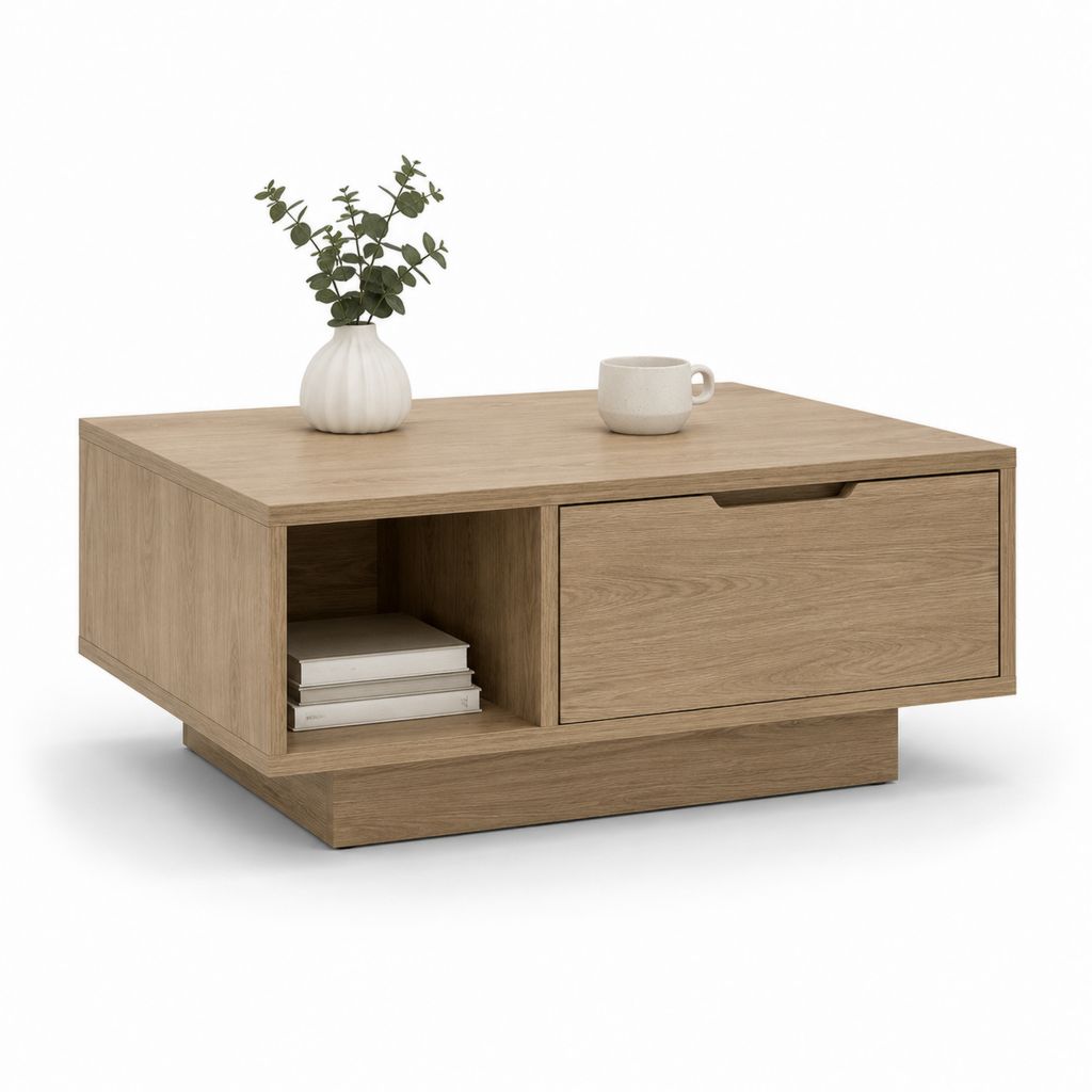 Rechteckiger Couchtisch aus Holz mit Schublade und offenem Fach, Eiche, 100 × 60 × 42 cm