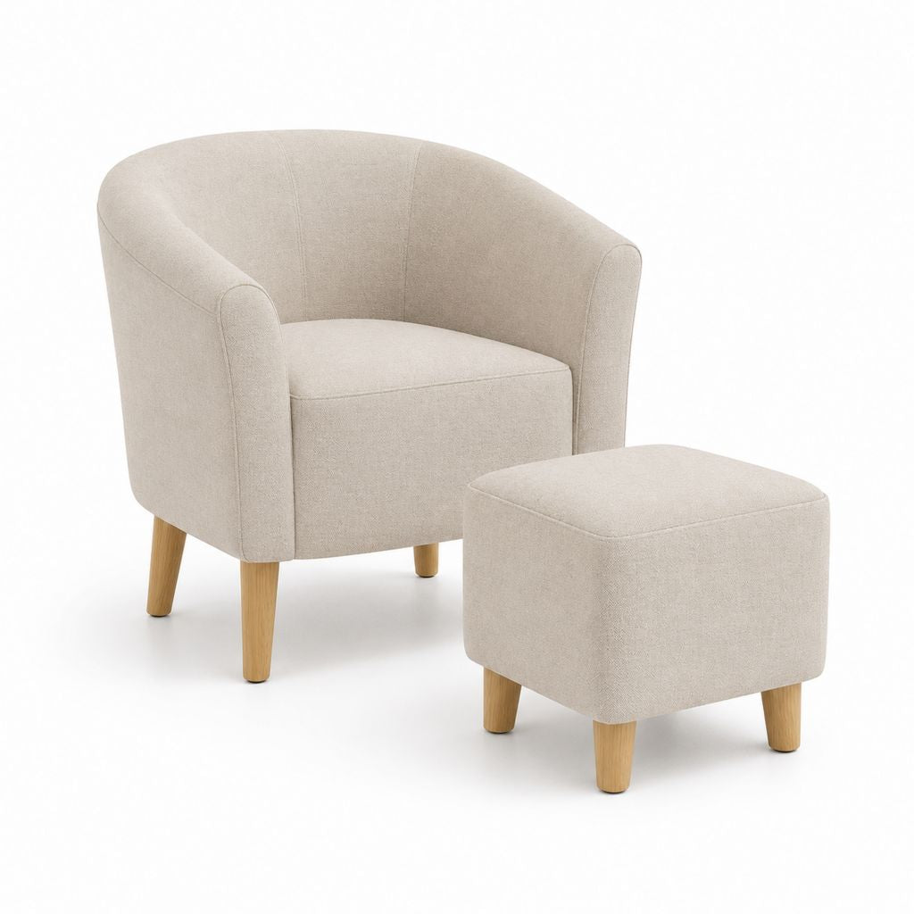 Set aus Beige-Gewebe mit Beinen aus Holz, 72 × 68 × 76 cm und 45 × 38 × 36 cm