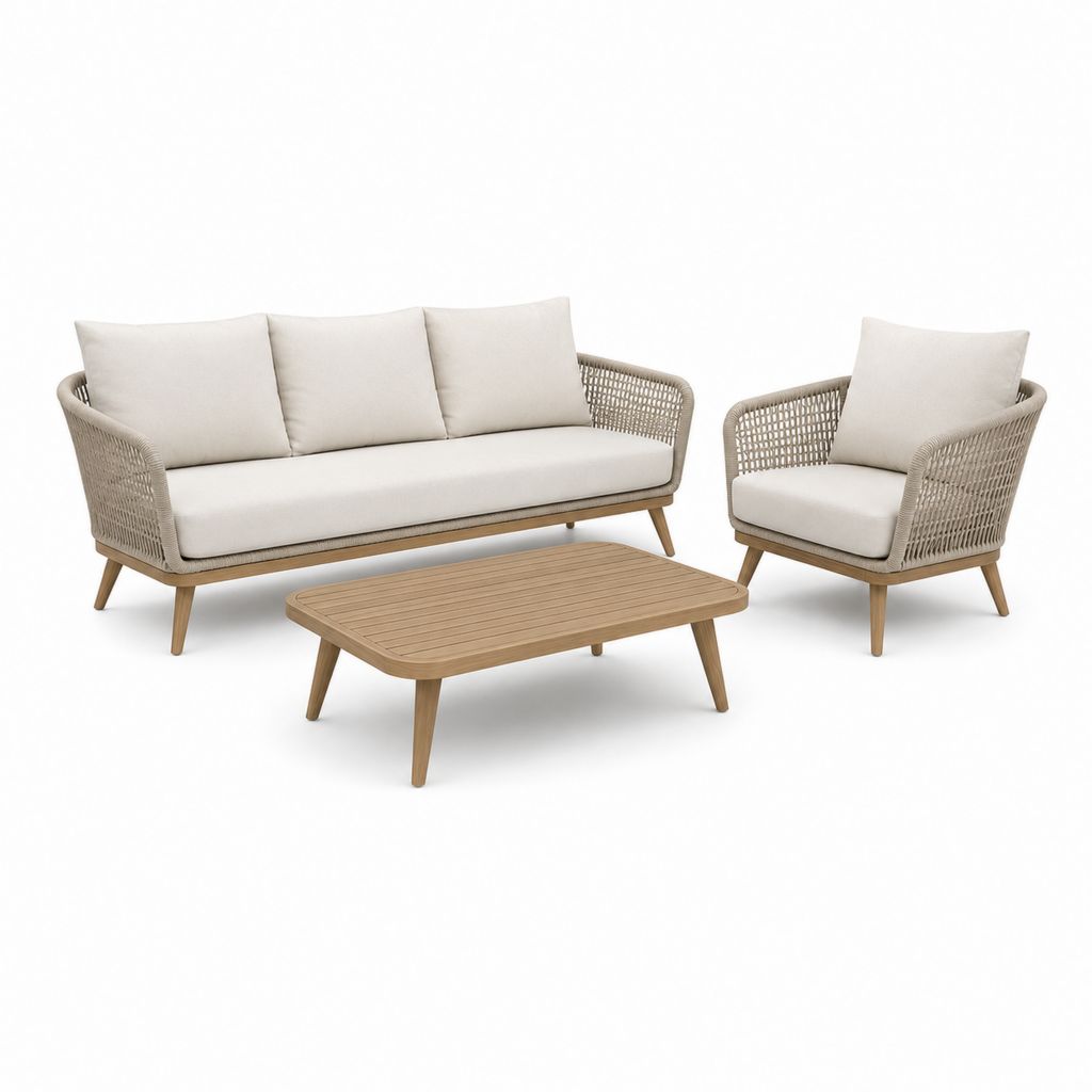 Garten-Set 3 Stücke aus Aluminium und beige Polyester-Seil und Turteltaube mit Sofa 198 × 80 × 78 cm, Sessel 78 × 80 × 78 cm und Couchtisch 110 × 60 × 38 cm