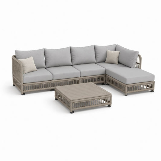 Set Garten-Wohnzimmer 4 Sitze in Rattan PE und Stahl mit Ecksofa, Chaise Longue rechts und Couchtisch, Turtle und hellgrau, 270 × 210 × 72 cm