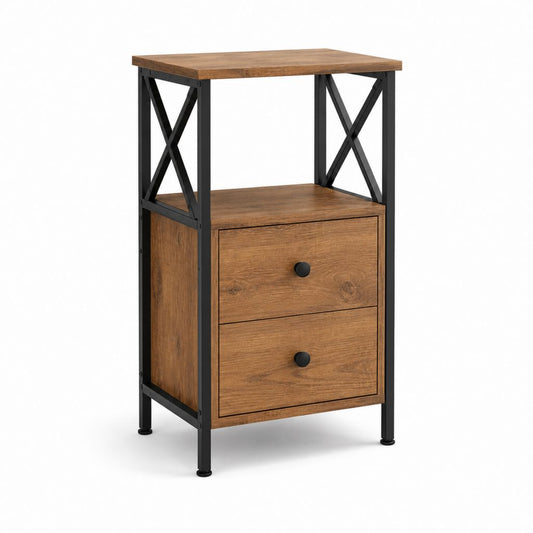 Rechteckiger Nachttisch mit 2 Schubladen und offenem Regal, braun und schwarz, aus Melamin und Stahl, 40 × 40 × 70 cm