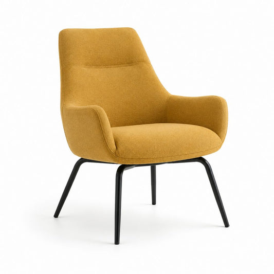 Gepolsterte Lounge Sessel aus Polyester Senf Gelb mit Armlehnen und Beinen aus schwarzem Stahl, 74 × 78 × 88 cm