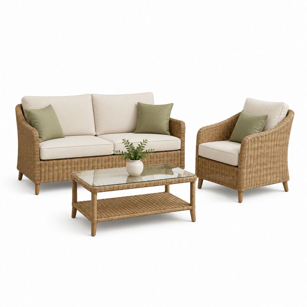 Garten-Set 3 Stücke aus braunem PE Rattan mit Beige-Kissen und Olivengrün, Sofa 162 × 80 × 85 cm, Sessel 78 × 80 × 85 cm, Couchtisch 100 × 55 × 44 cm