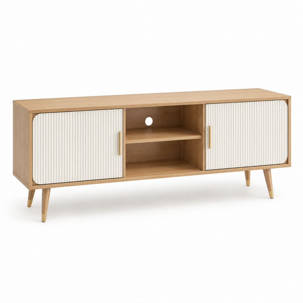 TV-Lowboard aus MDF und furniert, Eiche Natur und weiß, 160 × 40 × 70 cm