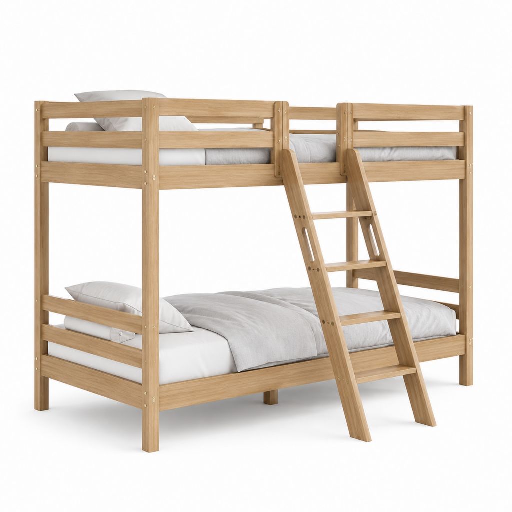Etagenbett für Kinder aus Holz, 2 Betten von 90 × 200 cm, Größe 207 × 132 × 150 cm, natürlich, mit geneigter Treppe