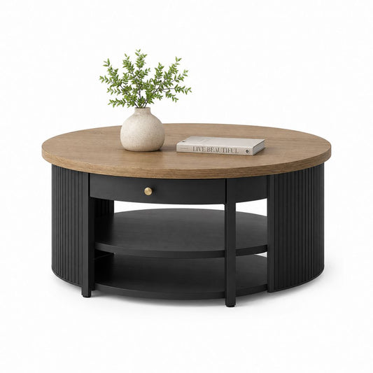 Runder Couchtisch mit Schublade und Regal aus MDF und melaminischer, schwarzer und Eiche, Ø 100 × 45 cm