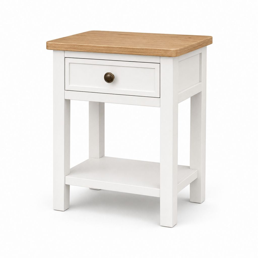 Rechteckiger Seitentisch aus Holz mit Schublade und Regal, weiß und Eiche natur, 45 × 35 × 60 cm
