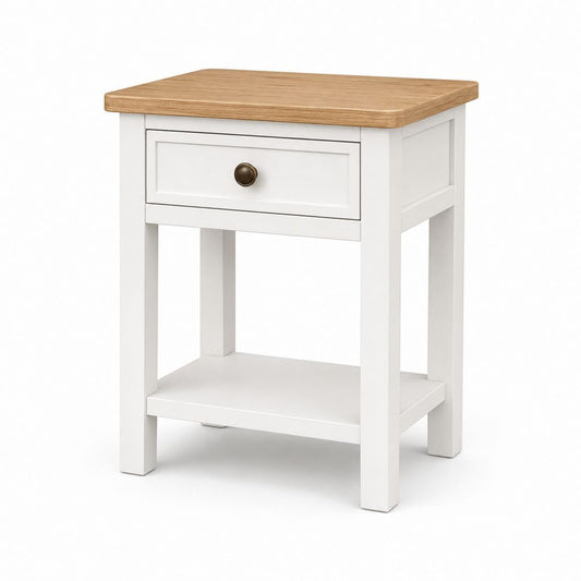 Rechteckiger Seitentisch aus Holz mit Schublade und Regal, weiß und Eiche natur, 45 × 35 × 60 cm