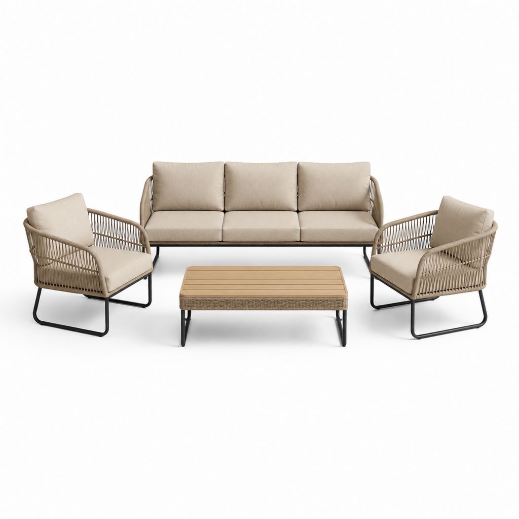 Gartenraum für Außen 4 Stücke aus beige PE-Seil und schwarzem Stahl mit 3 Sitzen Sofa 190 × 78 × 82 cm, 2 Sessel 76 × 78 × 82 cm und Couchtisch 110 × 60 × 38 cm