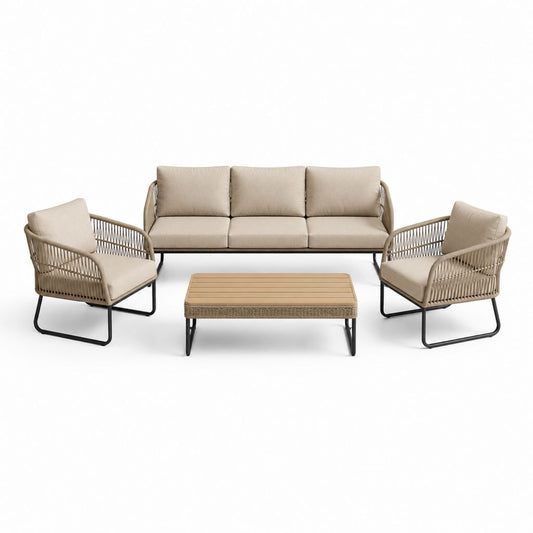 Gartenraum für Außen 4 Stücke aus beige PE-Seil und schwarzem Stahl mit 3 Sitzen Sofa 190 × 78 × 82 cm, 2 Sessel 76 × 78 × 82 cm und Couchtisch 110 × 60 × 38 cm