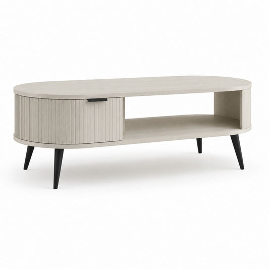 Ovaler Tisch aus Holz und Metall mit Fach und Regal, Eiche grau und schwarz, 120 × 60 × 45 cm