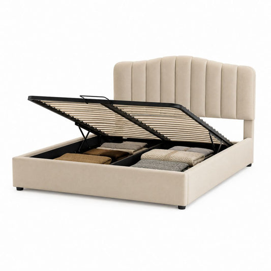 Doppelbett Container 180 × 200 cm beige Polyester mit Lattennetz und gepolstertem Kopfteil