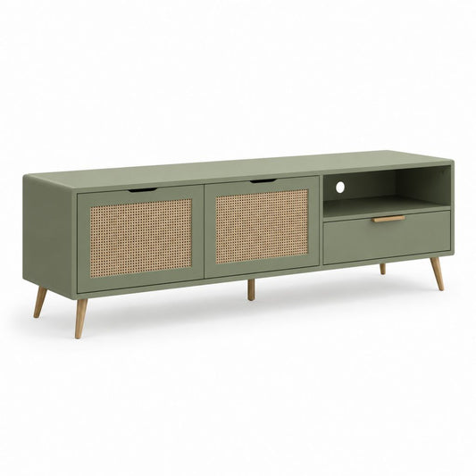 Mobile rechteckige TV-Tür aus MDF und Rattan geflochten, olivgrün und natürlich, 160 × 40 × 60 cm