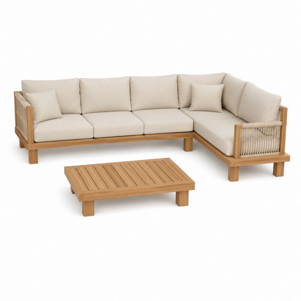 Sitzgarnitur 2 Stück mit 4 Sitzecke Ecksofa und Tisch aus Holz, beige und natürlich, Sofa 250 × 200 × 76 cm