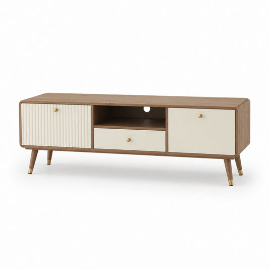 TV-Lowboard aus Holz und MDF mit 2 Türen, 1 Schublade und offenem Fach, braune Nussbaum, Elfenbein und Messing, 160 × 40 × 62 cm