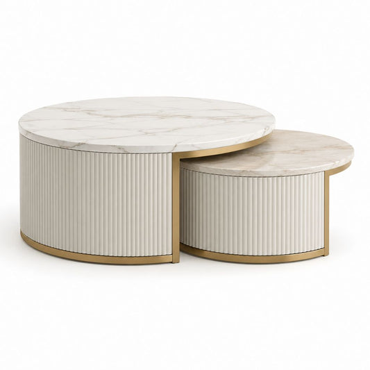 Set aus 2 runden Tischen aus MDF Marmor und vergoldetem Metall, Weiß und Gold, Ø 80 × 45 cm und Ø 60 × 35 cm