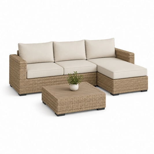 Gartenbereich für den Außenbereich 3 Stücke mit Ecksofa aus Polyrattan und Metall 218 × 145 × 72 cm und Couchtisch 70 × 70 × 32 cm, Beige und Creme