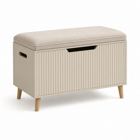 MDF rechteckige Behälterbank mit gepolstertem Sitz aus Stoff, Beige und Naturholz, 80 × 40 × 58 cm