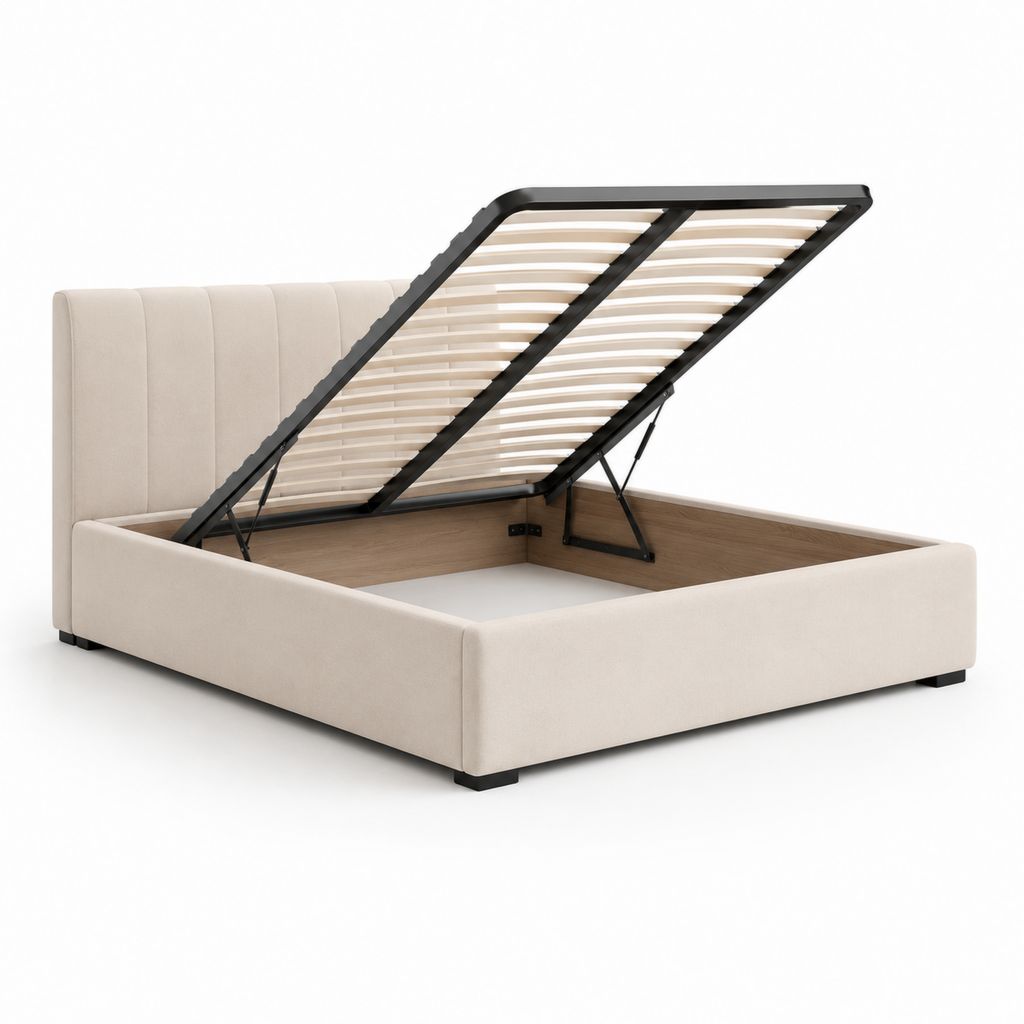 Doppelbett gepolsterter Behälter aus beigefarbenem Stoff mit Lattennetz, 160 × 200 cm, Abmessungen 214 × 170 × 105 cm
