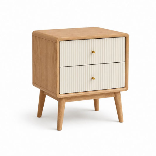 Rechteckiger Nachttisch aus MDF und Holz mit 2 Schubladen, Eiche, weißer Creme und Messing, 50 × 40 × 58 cm