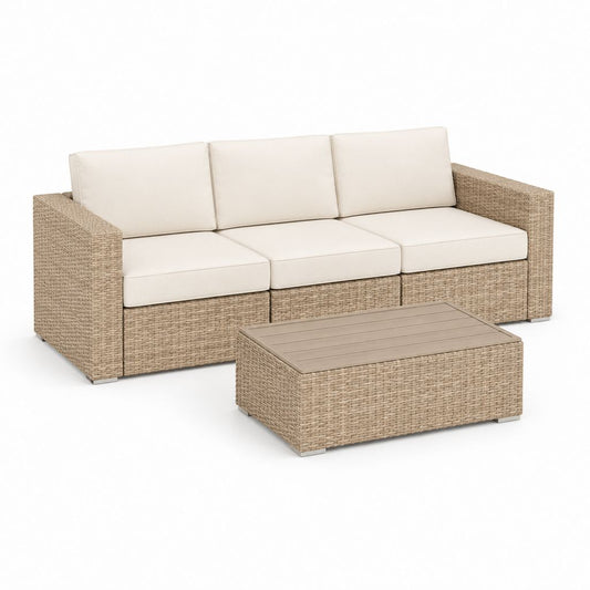 Gartenset mit 3 Sitzen Sofa und rechteckigen Tisch aus Polyrattan PE beige, Creme Kissen, Sofa 182 × 65 × 76 cm, Couchtisch 85 × 50 × 35 cm