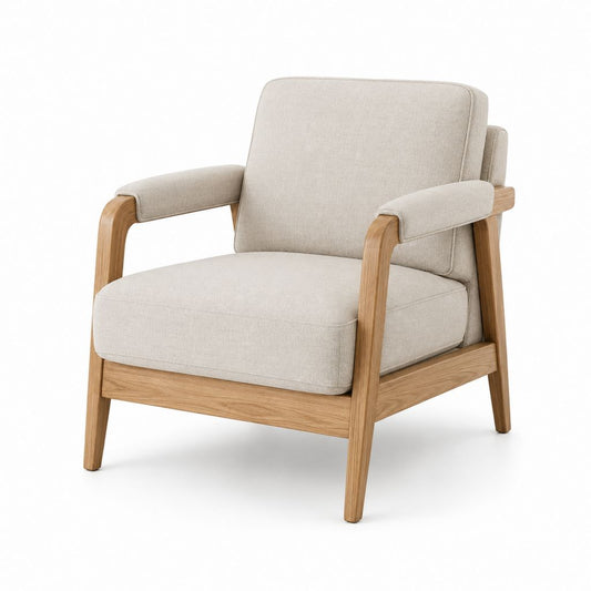 Innensessel mit Armlehnen aus Stoff und Struktur aus Holz, beige und hellbraun, 72 × 78 × 82 cm