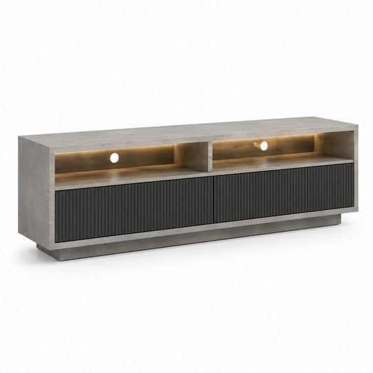 TV-Lowboard aus Melamin und MDF, 180 × 40 × 60 cm, Beton grau und schwarz, mit LED und Kabeldurchführung