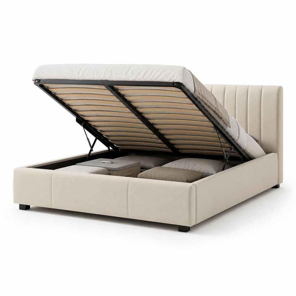 Doppelbett gepolsterter Behälter beige 160 × 200 cm mit Lattennetz, rechteckiger Kopfteil und Kolbenöffnung
