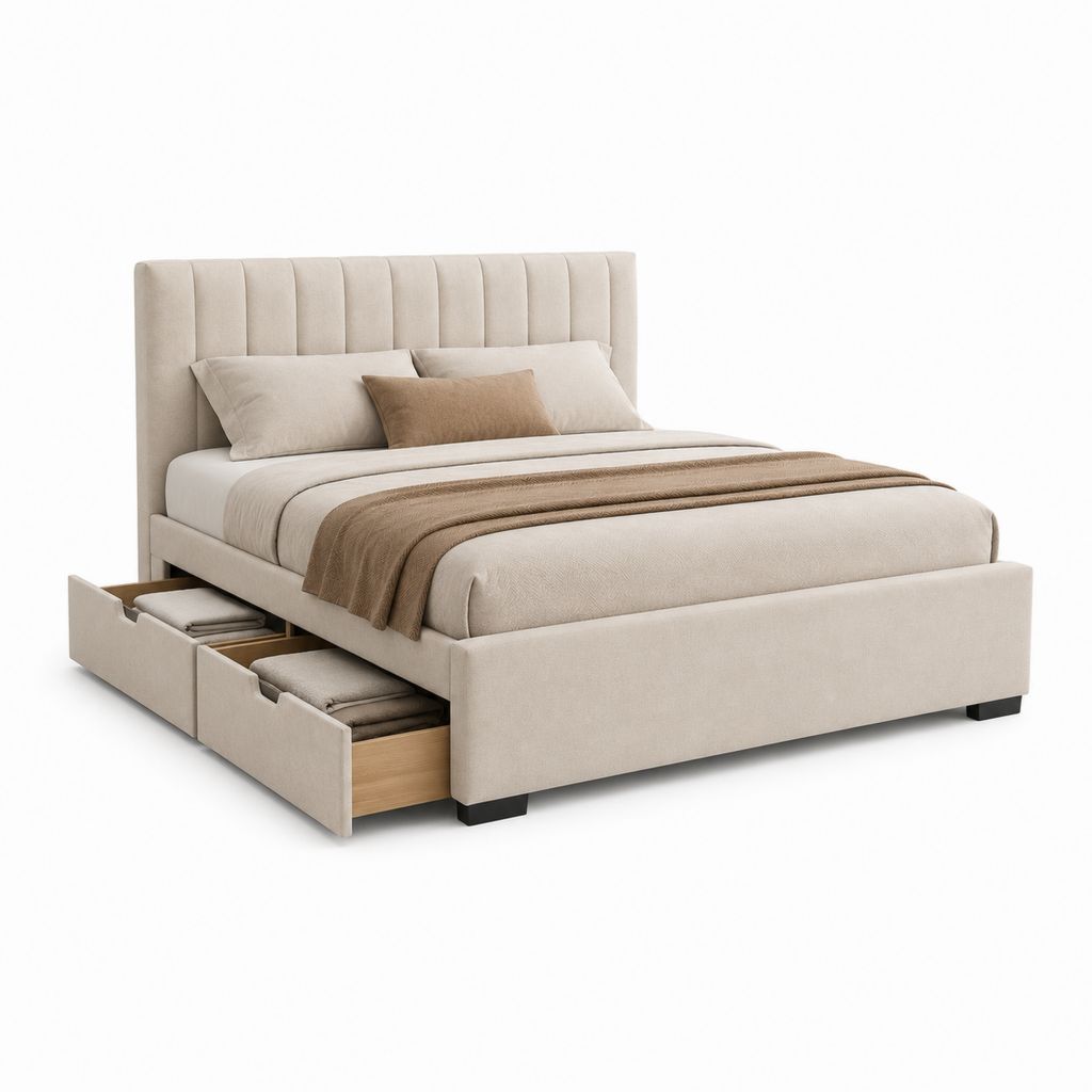 Beige gepolstertes Doppelbett mit Kopfteil, Latten und 2 Schubladen, 170 × 218 × 120 cm, für Matratze 160 × 200 cm