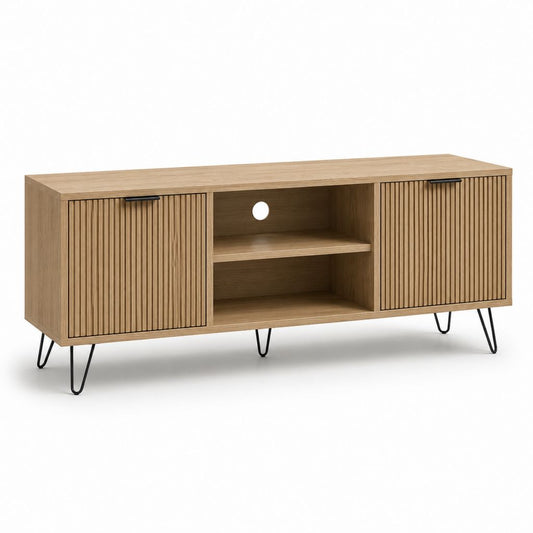 TV-Lowboard aus Holz natürlichen Eiche Effekt und schwarzes Metall mit 2 Schnüren, 140 × 40 × 55 cm