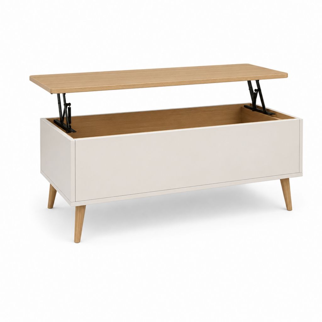 Rechteckiger Couchtisch mit Liftfunktion und Stauraum aus MDF und Holz, Hellbeige/Eiche natur, 100 × 50 × 48–62 cm