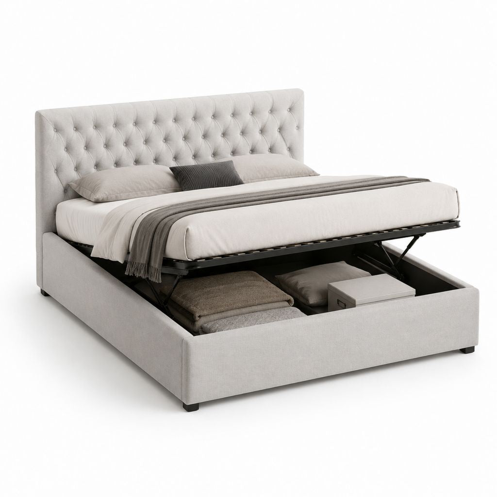 Doppelbett Container 180 × 200 cm hellgrau mit Kopfteil Kapitné, hebendes Netz und Stahlstruktur