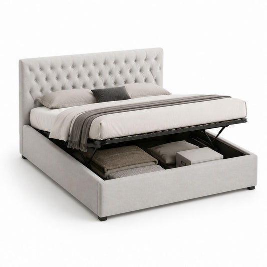 Doppelbett Container 180 × 200 cm hellgrau mit Kopfteil Kapitné, hebendes Netz und Stahlstruktur