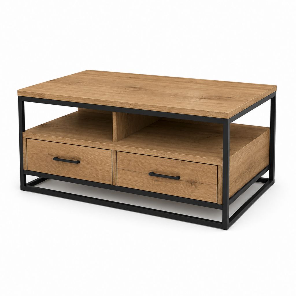 Rechteckiger Couchtisch aus Holz und Metall mit 2 Schubladen und Regal, braune Eiche und schwarz, 90 × 60 × 50 cm