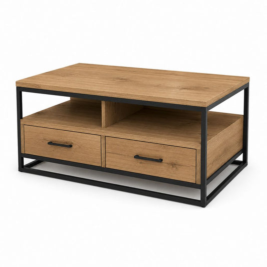 Rechteckiger Couchtisch aus Holz und Metall mit 2 Schubladen und Regal, braune Eiche und schwarz, 90 × 60 × 50 cm