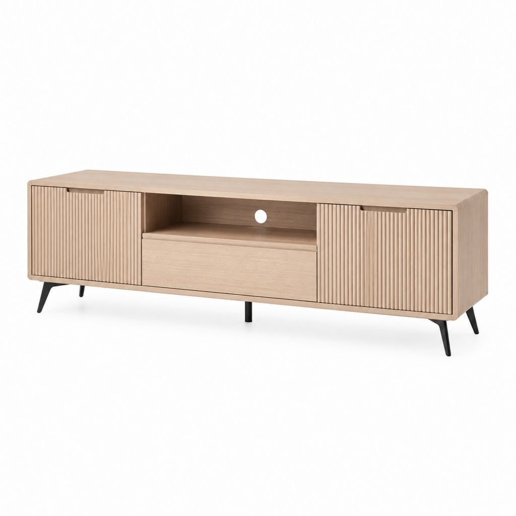 TV-Lowboard aus MDF furniert Eiche mit 2 Rillen, 1 Schublade und offenem Fach, helle und schwarze Eiche, 160 × 40 × 60 cm